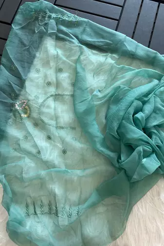Teal Color embroidery sequins and detailed border work  chiffon saree 