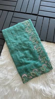 Teal Color embroidery sequins and detailed border work  chiffon saree  4