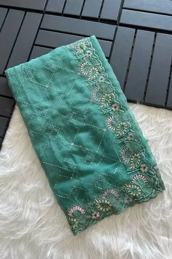 Teal Color embroidery sequins and detailed border work  chiffon saree 