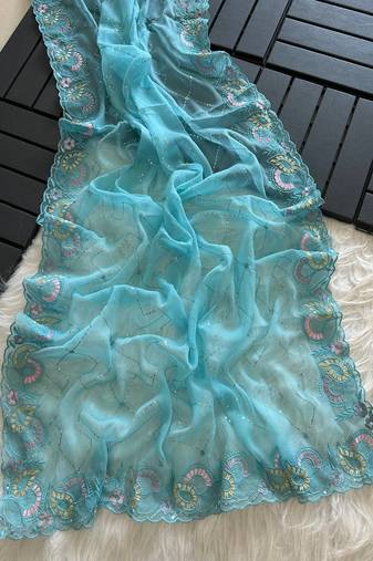 Sky Blue Color embroidery sequins and detailed border work  chiffon saree 