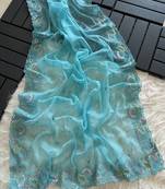 Sky Blue Color embroidery sequins and detailed border work  chiffon saree 