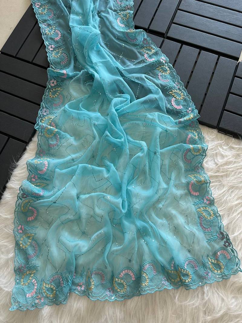 Sky Blue Color embroidery sequins and detailed border work  chiffon saree 