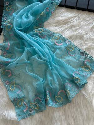 Sky Blue Color embroidery sequins and detailed border work  chiffon saree  2