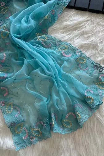 Sky Blue Color embroidery sequins and detailed border work  chiffon saree 