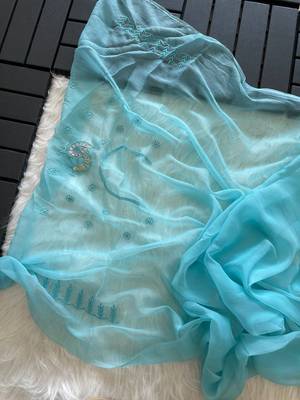 Sky Blue Color embroidery sequins and detailed border work  chiffon saree  3