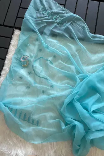 Sky Blue Color embroidery sequins and detailed border work  chiffon saree 