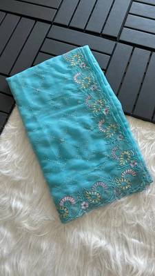 Sky Blue Color embroidery sequins and detailed border work  chiffon saree  4