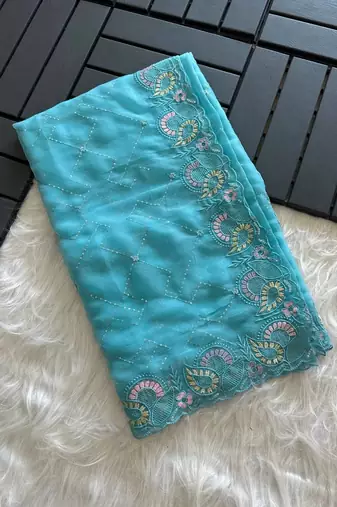 Sky Blue Color embroidery sequins and detailed border work  chiffon saree 