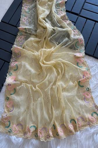 Light Yellow Color embroidery sequins and detailed border work  chiffon saree 