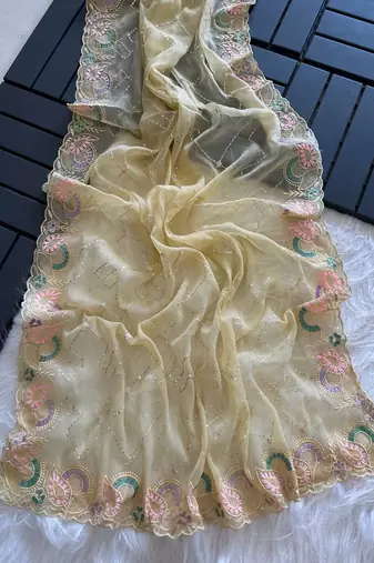 Light Yellow Color embroidery sequins and detailed border work  chiffon saree 