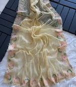 Light Yellow Color embroidery sequins and detailed border work  chiffon saree 