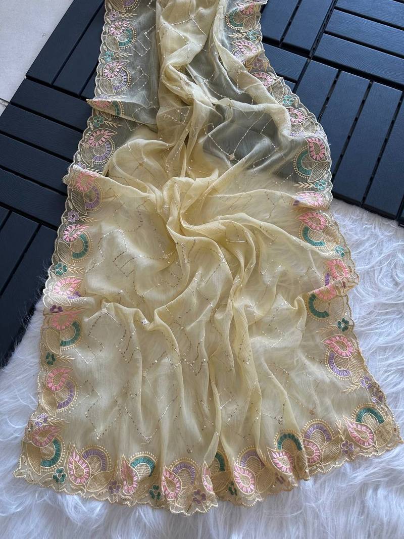 Light Yellow Color embroidery sequins and detailed border work  chiffon saree 