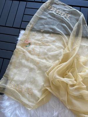 Light Yellow Color embroidery sequins and detailed border work  chiffon saree  3