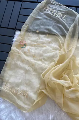 Light Yellow Color embroidery sequins and detailed border work  chiffon saree 
