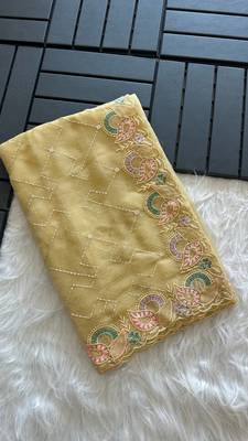 Light Yellow Color embroidery sequins and detailed border work  chiffon saree  4