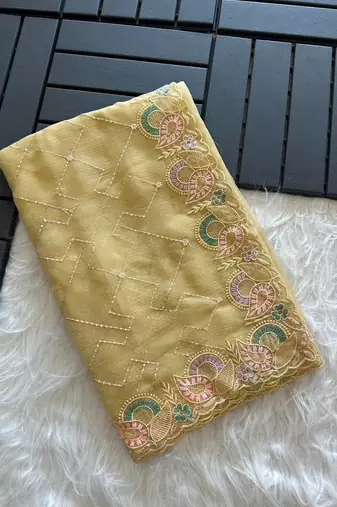 Light Yellow Color embroidery sequins and detailed border work  chiffon saree 