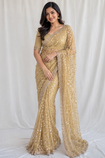 golden sequins and beads embroidery with soft net saree