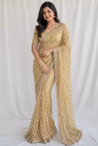 golden sequins and beads embroidery with soft net saree