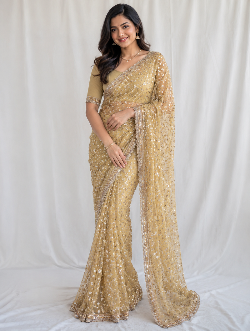 golden sequins and beads embroidery with soft net saree