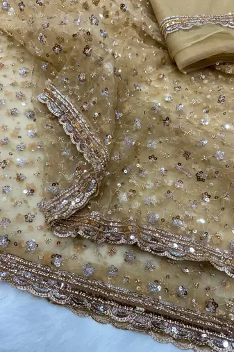golden sequins and beads embroidery with soft net saree