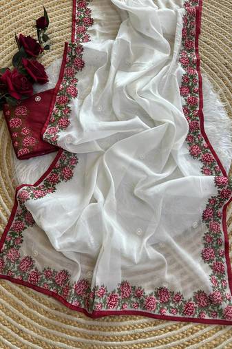 White Color embroidery viscos work tissue silk 
