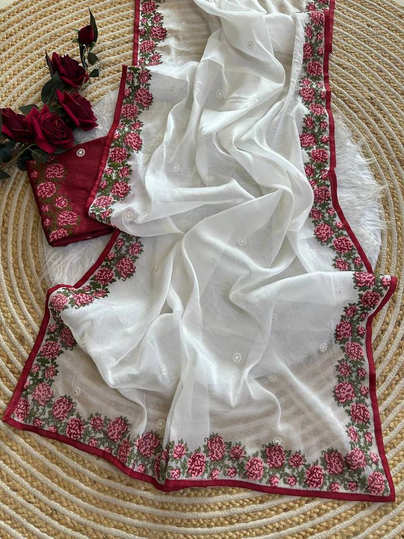 White Color embroidery viscos work tissue silk 