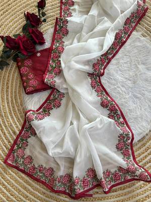 White Color embroidery viscos work tissue silk  2