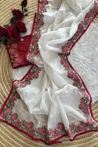 White Color embroidery viscos work tissue silk 