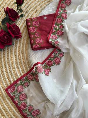 White Color embroidery viscos work tissue silk  3