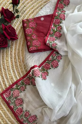 White Color embroidery viscos work tissue silk 