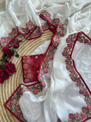 White Color embroidery viscos work tissue silk  4