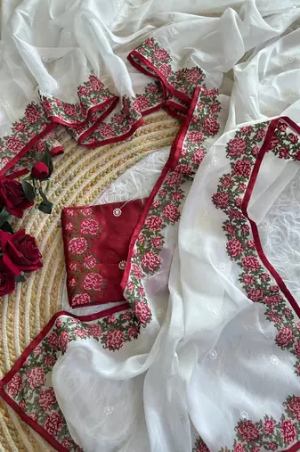 White Color embroidery viscos work tissue silk 