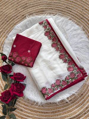 White Color embroidery viscos work tissue silk  5