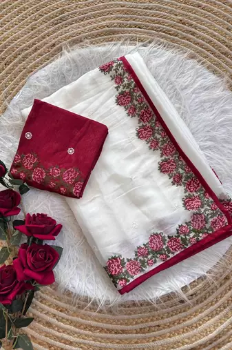 White Color embroidery viscos work tissue silk 