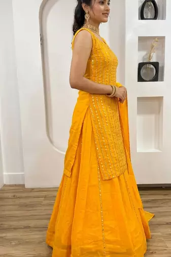 Georgette Lehenga with heavy pagdi work & paper mirror embellishments