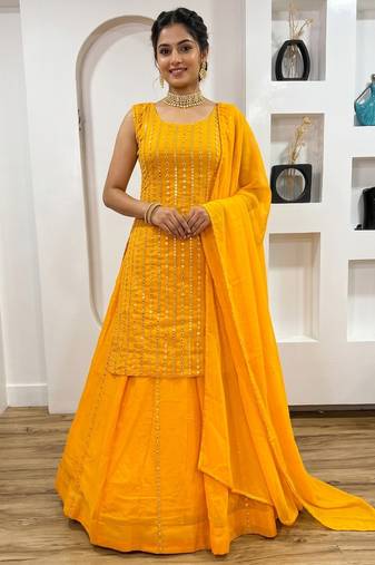 Georgette Lehenga with heavy pagdi work & paper mirror embellishments