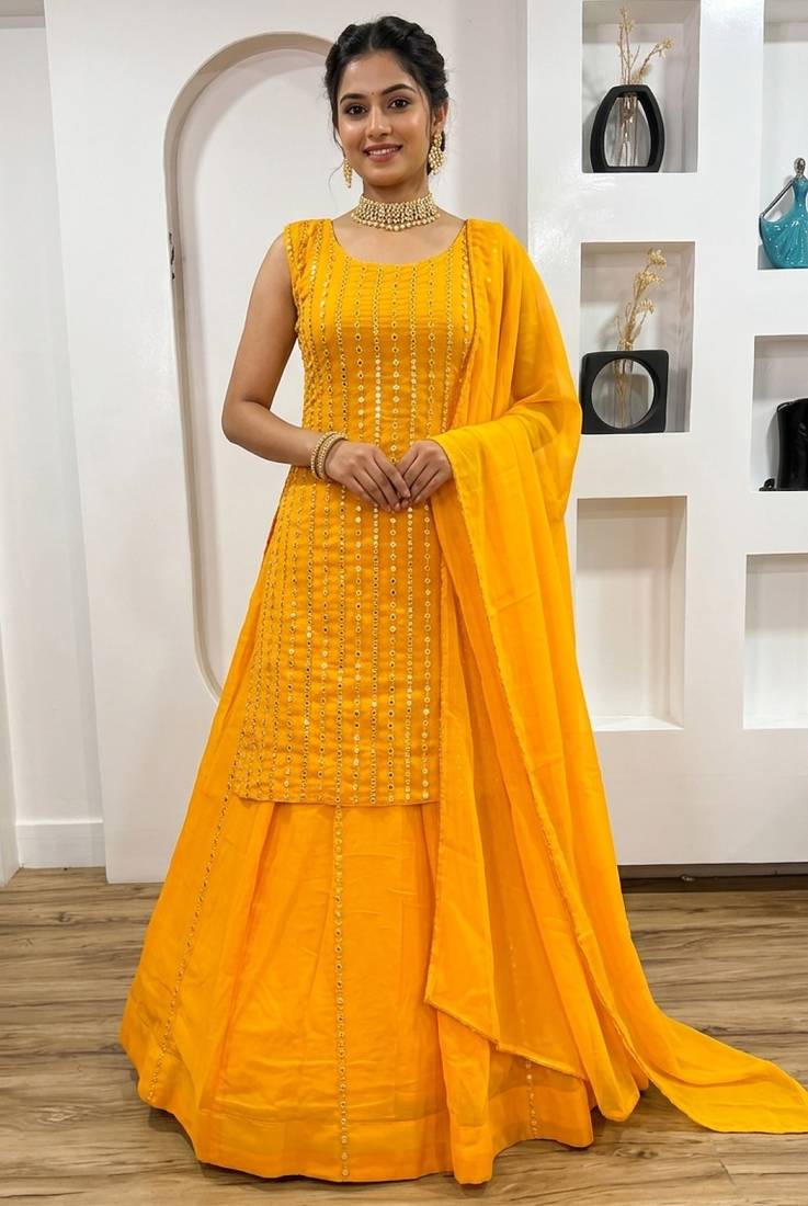 Georgette Lehenga with heavy pagdi work & paper mirror embellishments