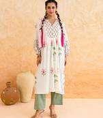 White floral printed cotton kurta set