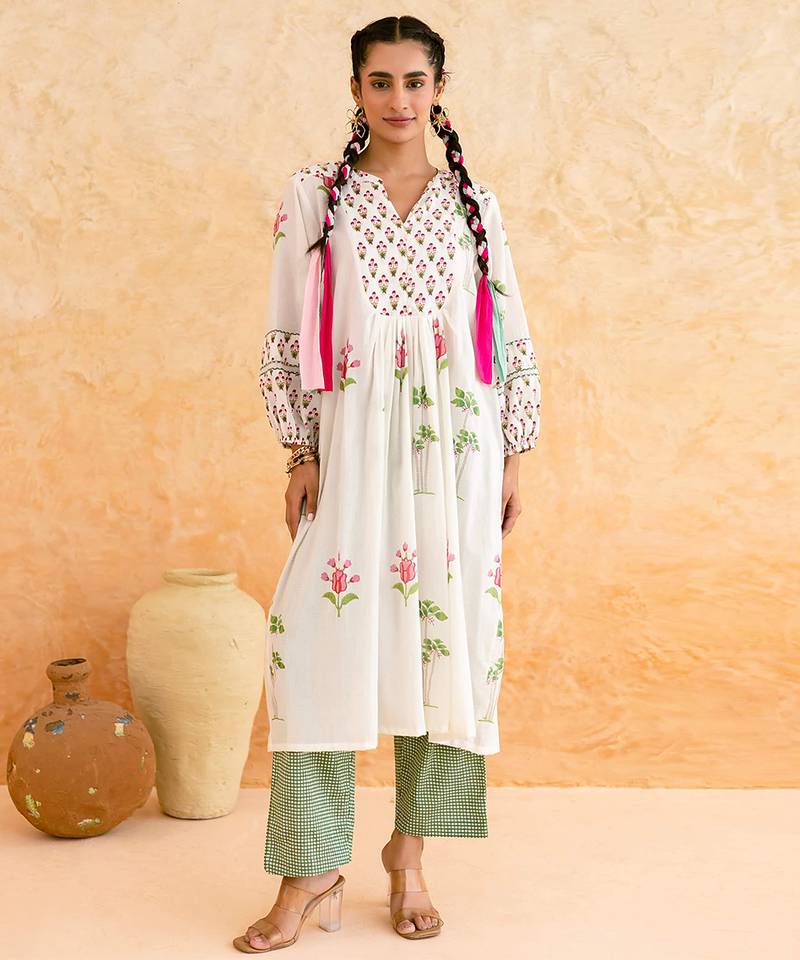 White floral printed cotton kurta set