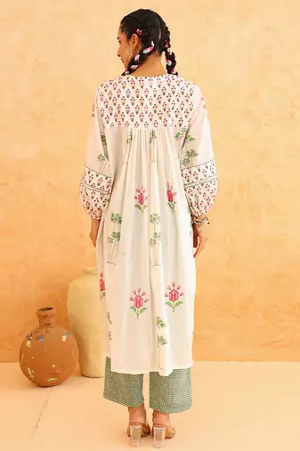 White floral printed cotton kurta set