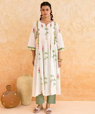 Ivory green printed cotton kurta set 1