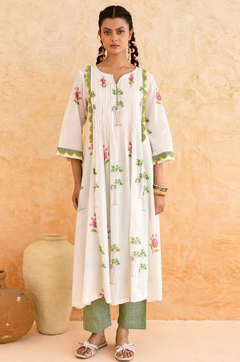 Ivory green printed cotton kurta set