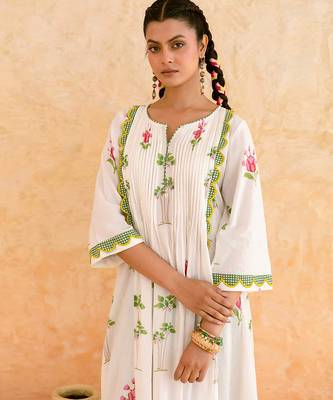 Ivory green printed cotton kurta set 2