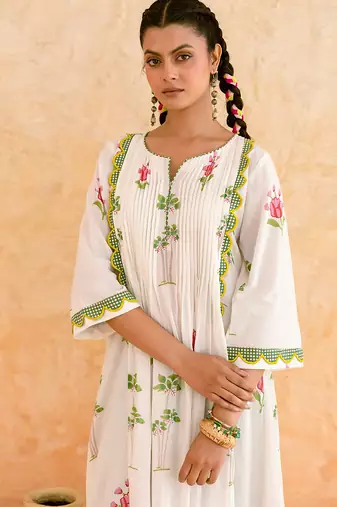 Ivory green printed cotton kurta set