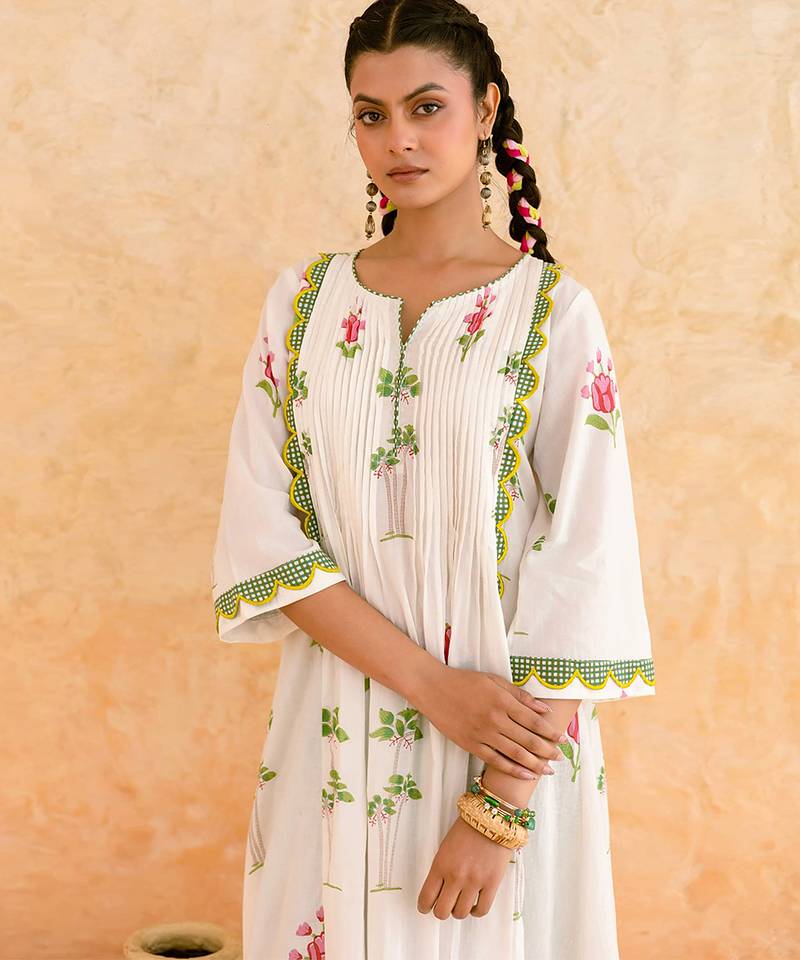 Ivory green printed cotton kurta set