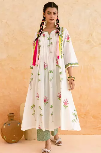 Ivory green printed cotton kurta set