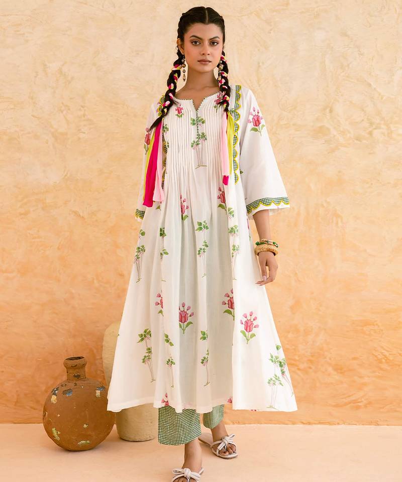 Ivory green printed cotton kurta set