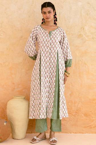 Ivory green printed cotton kurta set