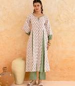 Ivory green printed cotton kurta set