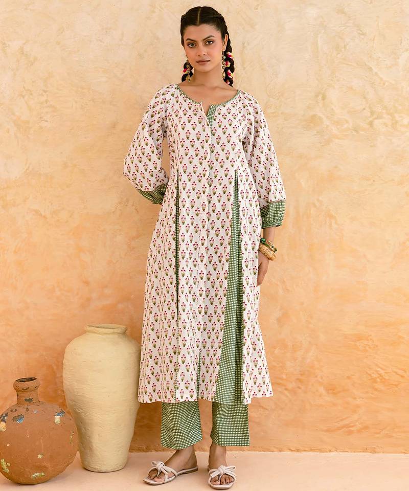 Ivory green printed cotton kurta set